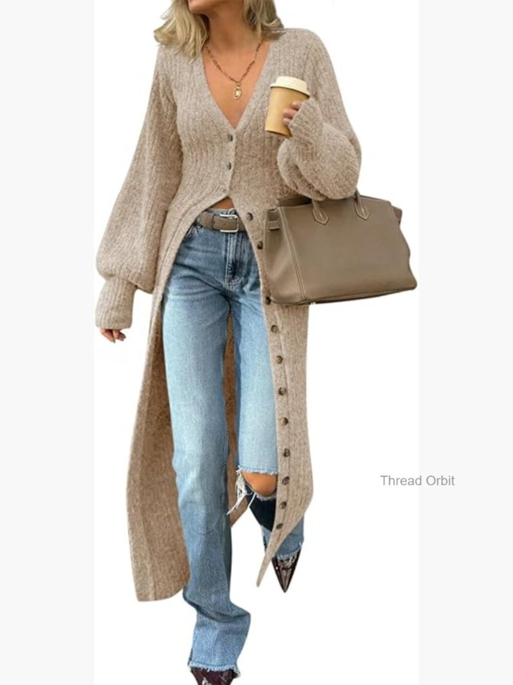 Chunky Knit Maxi Cardigan Sweater Dress V-Neck Button Down Duster